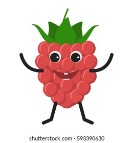 Raspberry character. Funny doodle cartoon berry. Isolated on white background. Flat vector stock illustration