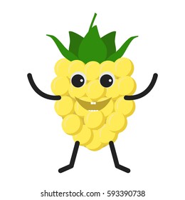 Raspberry character. Funny doodle cartoon berry. Isolated on white background. Flat vector stock illustration