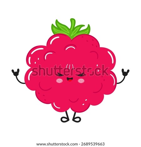 Raspberry character showing rock gesture with hands, having a happy and cool expression. Kawaii berry design