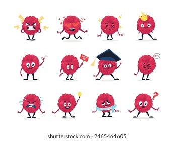 Raspberry characters comic funny berries emoticon humor expression set isometric vector illustration. Cute red berry angry love tired queen king hi hello help me smart crying idea sick doubt