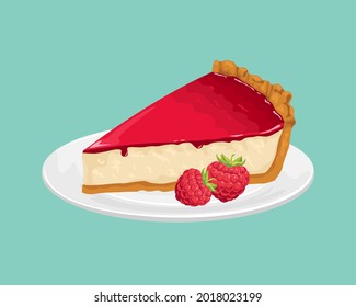 Pastel de queso de frambuesa sobre plato blanco aislado. Ilustración vectorial de la tarta de baya dulce en estilo plano de caricatura. Postre lechero.