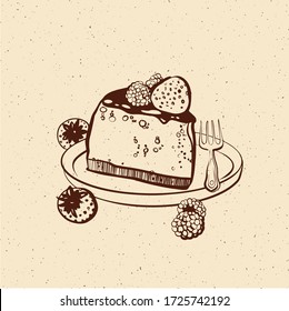 Raspberry Cheesecake. Strawberry Cheesecake. Vector illustration by hand, sketch. Illustration for menus, restaurants, recipes.