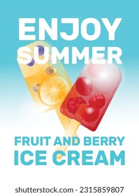 raspberry, cherry and blueberry, orange clear fruit ice cream like glass. Sunny background. Large text. Food advertising, recreation, summer vacation concept. Vector illustration