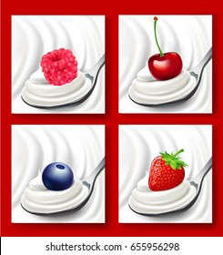raspberry, cherry, blueberry, strawberry on spoon with milk cream background