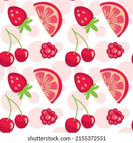 Raspberry cherry grapefruit strawberry red fruits and berries. Summer print. Seamless pattern for for fabric, wrapping, textile, wallpaper, apparel. Vector.