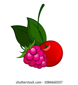 Raspberry with a cherry on a white background. Vector illustration of a berry mix for juice