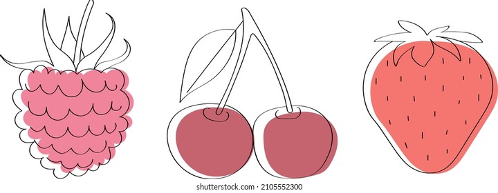 Raspberry, cherry and strawberry flat doodle freehand vector illustration template for juice packaging and baby food. Red berries with vitamin C for vegetarian nutrition.
