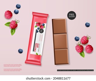 Raspberry Chocolate Protein Bar Vector Realistic. Product Placement Mock Up. Fruits Chocolate Banner Layout