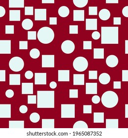 Raspberry color background and white shapes. Squares and circles seamless and vector pattern.