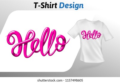 Raspberry color word hello, t-shirt print. Colorful mock up t-shirt design template. Vector template, isolated on white background.