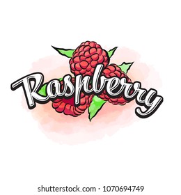 Raspberry colorful label sign. Vector drawing for advertising. Fresh design of colorful fruits made in watercolor style. Modern illustration on white background.