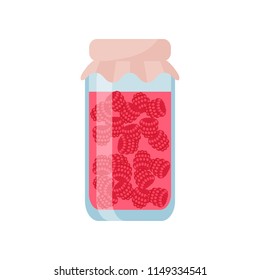 Raspberry Confiture in Mason jar. Vector illustration flat style. Isolated on white background. Berries jam