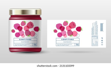 Raspberry confiture. Sweet jam. Transparent berry fruits. Label and packaging simple design.