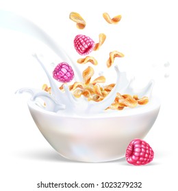 raspberry corn flakes oats milk spray 3d illustration of a realistic