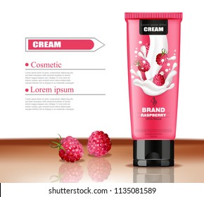 Raspberry cosmetics bottle Vector realistic. Hand cream container mock up. Product packaging design 3d illustrations
