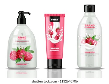 Raspberry cosmetics bottles set collection Vector realistic. Liquid soap, hand cream, shampoo raspberry containers mock up. Product packaging design 3d illustrations