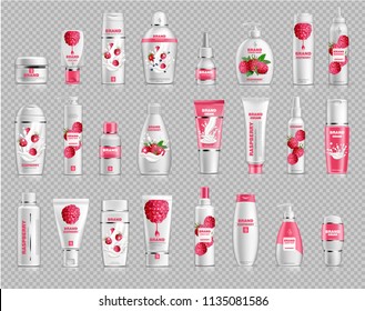 Raspberry cosmetics set collection Vector realistic. Shampoo, shower gel, cream and lotions. Product packaging mock up. Label design bottles 3d illustrations