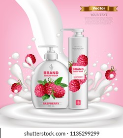 Raspberry cosmetics set Vector realistic. Liquid soap collection. Product packaging mock up. Label design bottles milk splash background 3d illustrations