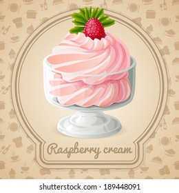 Raspberry cream dessert with berry mint badge and food cooking icons on background vector illustration
