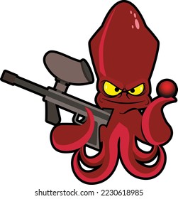 Raspberry cunning squid plays paintball. Squid in tentacles holds a gun and a ball. Background excluded
