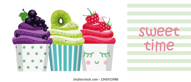 Raspberry cupcake, currant cupcake, kiwi cupcake on a white background in paper cups. Three muffins in a row with black currant cream, kiwi, raspberry.