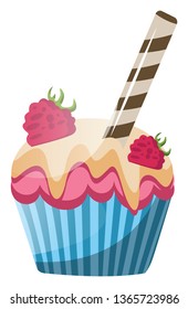 Raspberry cupcake with white chocolate topping illustration vector on white background