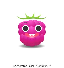 raspberry with cute face and green leaves on white background