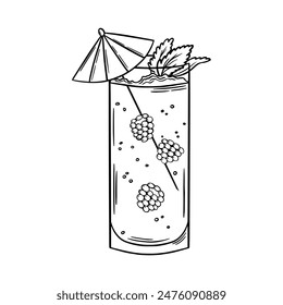 Raspberry Daiquiri Cocktail black and white outline vector illustration. Bar drink line art. Engraving style. Line drawing