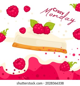 Raspberry dessert with fresh berries and mint, cheesecake with mousse and biscuits. Bakery store or bistro, diner offer. Promotional banner or poster, cafe or restaurant discounts. Vector in flat