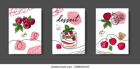 Afiche de postre frambuesa, ilustraciones para café o cocina. Diseño mínimo de una línea continua. Decoración artística en línea mural con postre de texto.