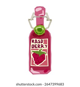 Raspberry Drink Bottle Illustration. Raspberry drink bottle with label and raspberry fruit icon. Flat cartoon illustration, bold colors, isolated on white background.