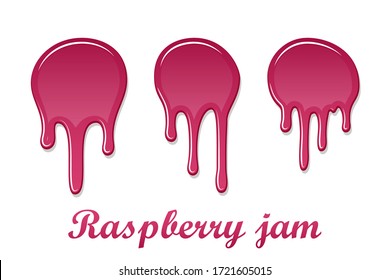 Raspberry drip jam 3D set. Sweet raspberries splash isolated white background. Fruit strawberry candy splashing. Realistic syrup design. Jelly dessert. Berry sauce dripping liquid Vector illustration