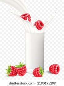 Raspberry falling in a glass of milk or yogurt. Sweet milk splashes. Fruit milkshake advertising banner, yogurt jet, flying drops, white drink in glass cup, Realistic 3d vector illustration, isolated