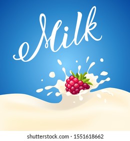 Raspberry falling and splashing in the milk product. Blue background. Cartoon style.  Handwritten text "Milk" Vector illustration for  logo, poster, icon, label, print and web project.