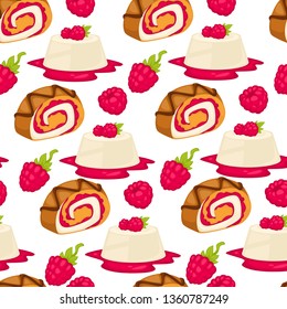 Raspberry filling bakery and confectionery cake and roll seamless pattern vector food vanilla jelly and jam berry endless texture confectionery dessert dishes wallpaper print cooking or baking.