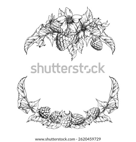 Raspberry flower buds leaves, ripe garden berries wreath hand drawn in vector ink. dewberry cloudberry mulberry loganberry tayberry. Isolated circle frame illustration. Wedding stationery florist shop