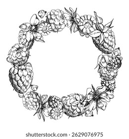 Raspberry flowers berries wreath in dew drops, water splash hand drawn in vector ink. Ripe garden dewberry cloudberry mulberry loganberry. Isolated circle frame. Fresh grocery, preserves recipe book
