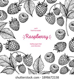 Raspberry frame, hand drawn vector illustration. Raspberries sketch. Vector illustration. Black and white.	