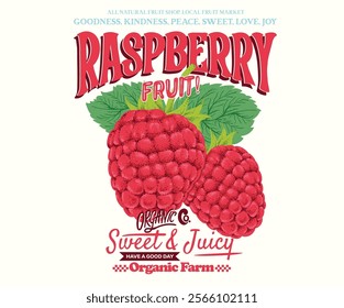 Raspberry fruit artwork. Organic food artwork for for t-shirt. Organic farm poster design. Raspberry art. Fresh Raspberry fruit print. Nature fruit club print design.