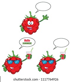 Raspberry Fruit Cartoon Mascot Character Set 3. Vector Collection Isolated On White Background
