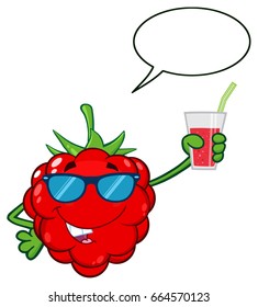 Raspberry Fruit Cartoon Mascot Character With Sunglasses Holding Up A Glass Of Juice. Vector Illustration Isolated On White Background With Speech Bubble