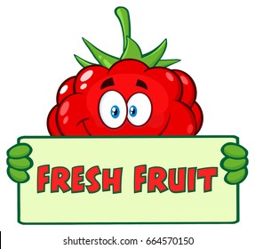 Raspberry Fruit Cartoon Mascot Character Holding A Banner With Text Fresh Fruit. Vector Illustration Isolated On White Background
