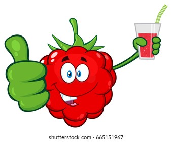 Raspberry Fruit Cartoon Mascot Character Holding Up A Glass Of Juice And Giving A Thumb Up. Vector Illustration Isolated On White Background