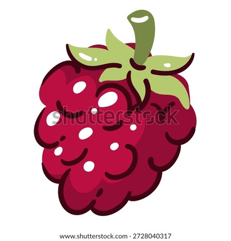 Raspberry fruit with clustered juicy drupelets and green stem, ripe raspberry berry with rounded shapes and bold outline. Fresh seasonal fruit element for menu, packaging, grocery branding and healthy food. Cartoon vector illustration.