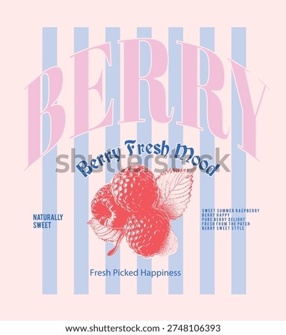 Raspberry Fruit girl's Tee T-shirt design in vector graphic artwork. vintage fruit print design. Berry Typography with hand drawing berry illustartion 