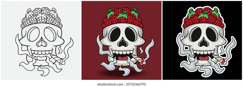 Raspberry Fruit Inside Skull Head With Smoking Character Cartoon. Black White, Colorful and Sticker Style. For T shirt print, Brand Logo, Label and Mascot product. Vectors Illustrations