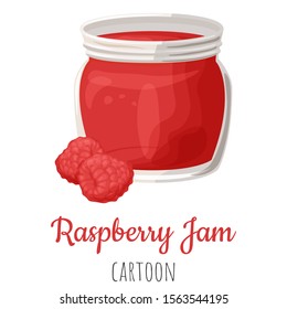 Raspberry fruit jam in a jar isolated close-up illustration, cartoon colorful clip-art.