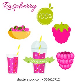 Raspberry Fruit And Juice Cup To Go Vector Set. Raspberry Fruit With Leaf In Bowl. Pink Smoothie Juice Or Jam Branding Set. Berry Silhouette For Package.