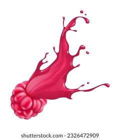 Raspberry fruit with juice splash of smoothie or beverage. Sweet drink cocktail flow fresh raspberries flavour isolated on white background. Realistic. Vector illustration