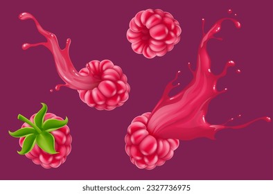 Raspberry fruit with juice splash of smoothie or beverage. Sweet drink cocktail flow fresh raspberries flavour. Realistic. Vector illustration